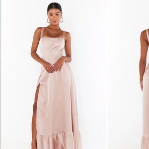 Show Me Your Mumu Blush Clarissa Corset Dress in Rose Gold Luxe Satin